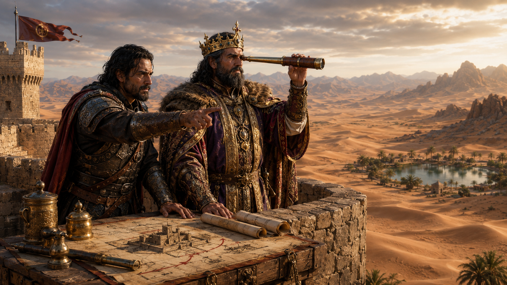 Two scouts observing a desert kingdom from a fortress